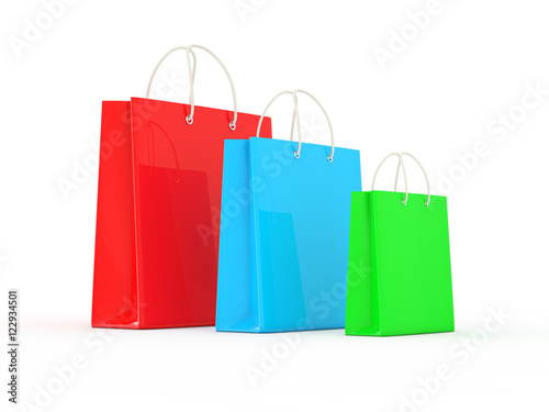 Three color shopping bag isolated. Shopping concept 3d rendering.