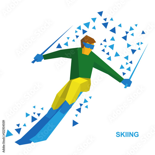 Winter sports - Skiing. Cartoon skier running downhill. Sportsman ski slope down from the mountain. Flat style vector clip art isolated on white background.