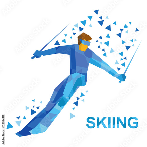 Winter sports - Skiing. Cartoon skier with blue patterns running downhill. Sportsman ski slope down from the mountain. Flat style vector clip art isolated on white background.
