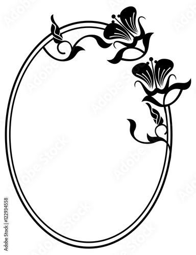 Beautiful silhouette frame. Simple black and white oval frame with abstract flowers.Vector clip art.