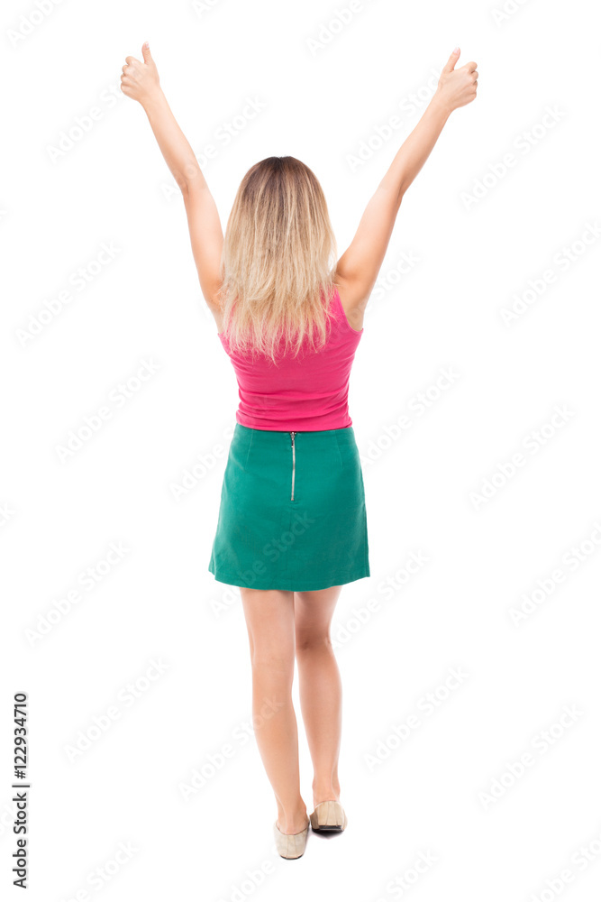 Back view of woman thumbs up. Rear view people collection. backside view of person. Isolated over white background. Back view of woman thumbs up. Rear view people collection. backside view of person. Isolated over white background.