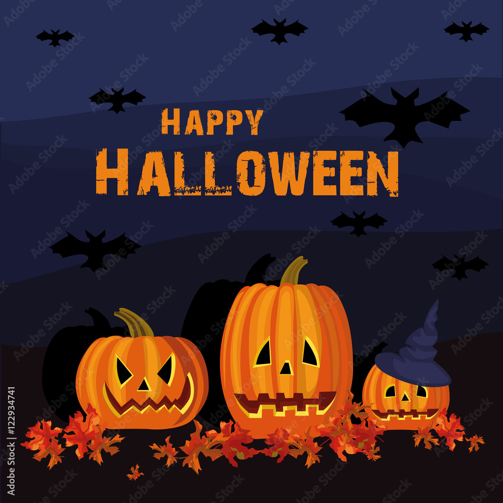 Halloween vector illustration with pumpkins, leaves, bats and inscription Happy Halloween.