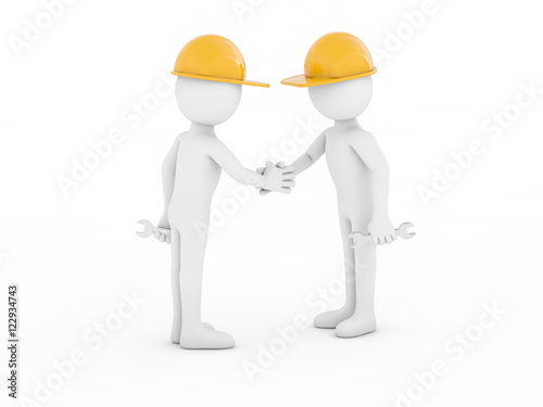 Fototapeta Naklejka Na Ścianę i Meble -  Two 3d safety workers shaking hands with each other.3d rendering