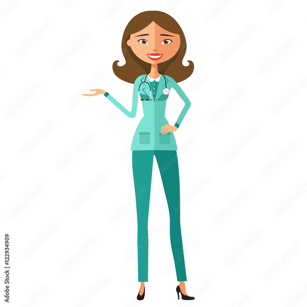 Woman doctor presenting healthcare and medical design concept vector illustration.