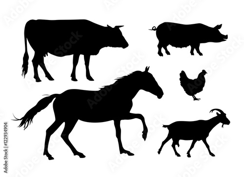 Farm animals silhouettes  cow  horse  pig  hen  goat