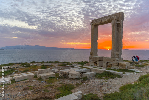 Amazing sunset in Naxos, Cyclades, Greece. The incredible gate (
