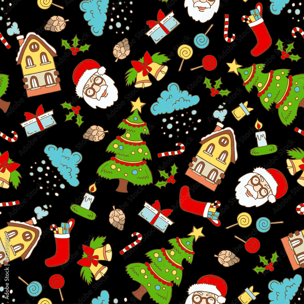 Pattern with hand drawn colored symbols of Merry Christmas, Happy New Year on black color