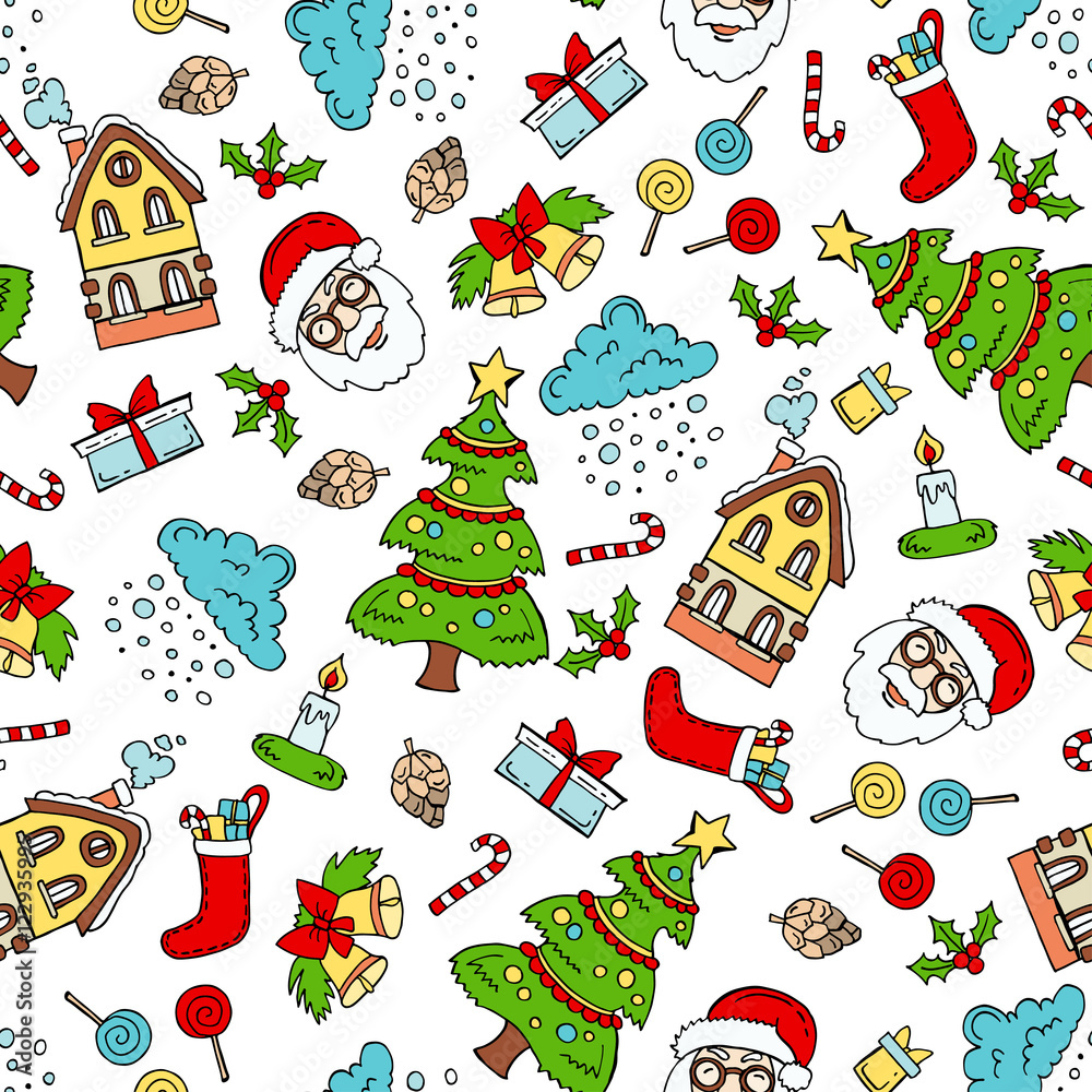 Fototapeta premium Pattern with hand drawn colored symbols of Merry Christmas, Happy New Year on white color