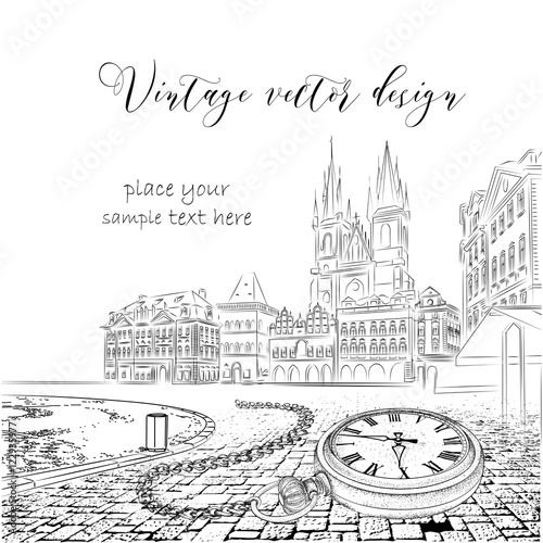 Vintage sketch of the urban landscape with a pocket watch on a chain. The old city of Prague. Vector illustration