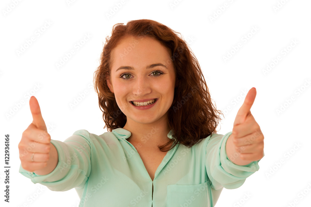 Business woman showing thumb up as a gesture for success Business woman showing thumb up as a gesture for success