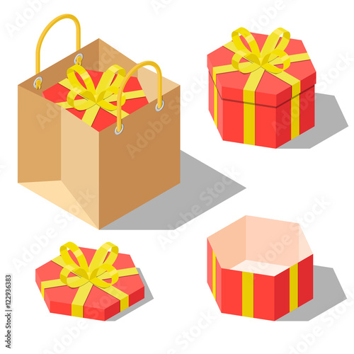 Opened and closed present gift hexagonal boxes