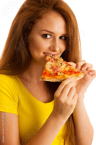 woman eats delicious pizza isolated over white background
