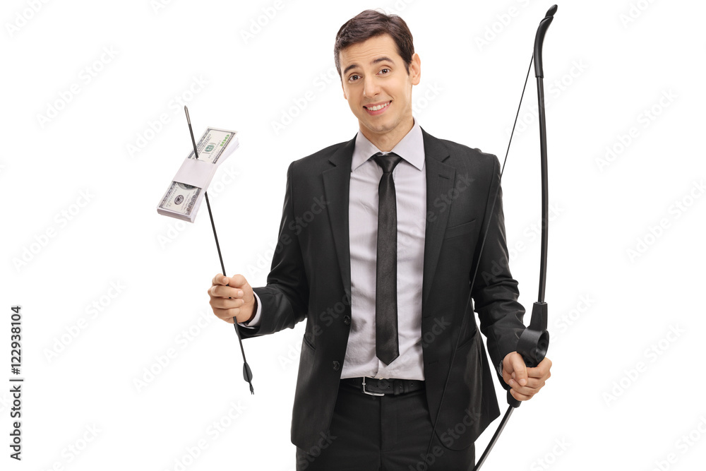 Businessman holding bow and arrow with money stack Businessman holding bow and arrow with money stack