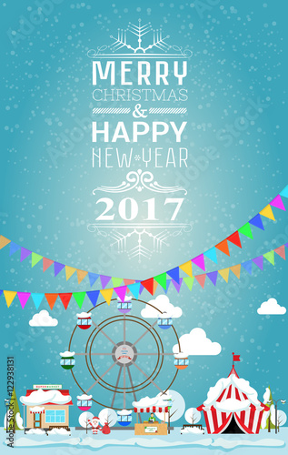 Invitation card Merry Christmas and happy new year 2017 on fair. Vector illustration flat style. Market stall, circus, supermapket, ferris wheel, christmas trees are covered with snow.