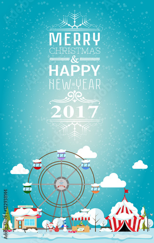 Invitation card Merry Christmas and happy new year 2017 on fair. Vector illustration flat style. Market stall, circus, supermapket, ferris wheel, christmas trees are covered with snow.