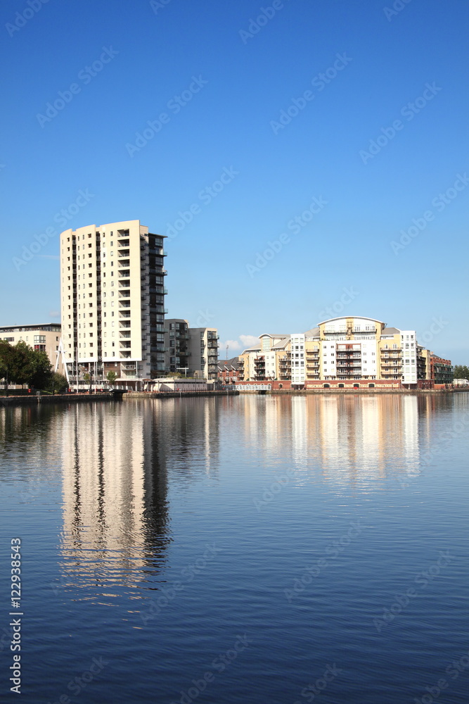 Naklejka premium Roath Basin in Cardiff Bay Wales gives access to Roath Lock which was opened in 1887