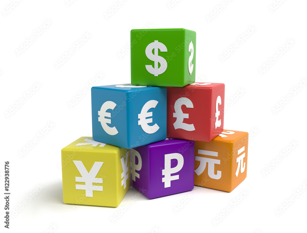 3d colorful cubes of different currencies symbols 3d colorful cubes of different currencies symbols