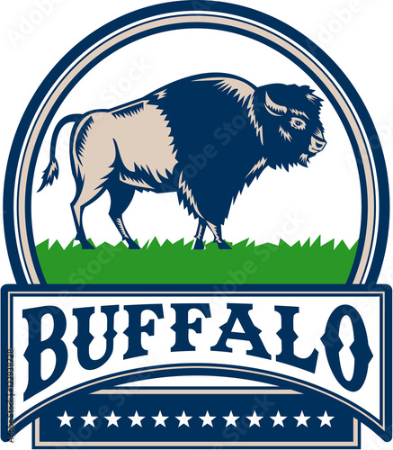 American Bison Buffallo Banner Circle Woodcut