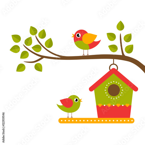cartoon birds and birdhouse on a branch on a white background