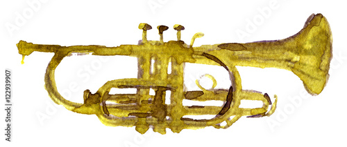 watercolor sketch of gold trumpet on white background