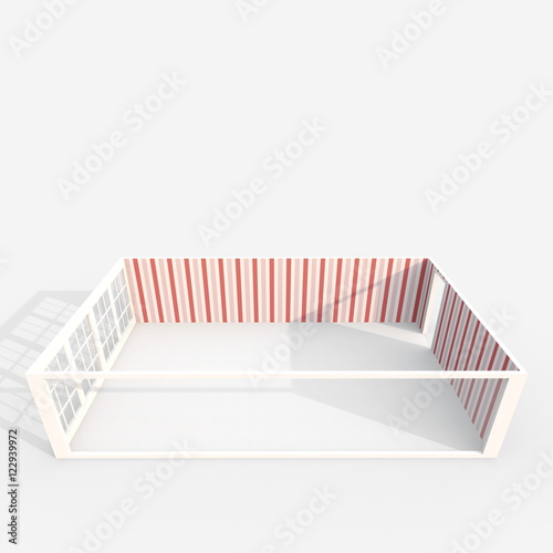 3d interior rendering of empty room apartment with red striped wallpaper