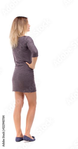back view of standing young beautiful woman. girl watching. Rear view people collection. backside view of person. The girl in a brown dress is standing resting his arm on the side.