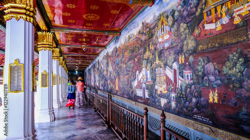 Masterpiece of traditional Thai style painting art old  1931  of Ramayana story on the temple wall of famous Wat Phra Kaew in Bangkok  Thailand..Photo taken on  Oct 6th  2016