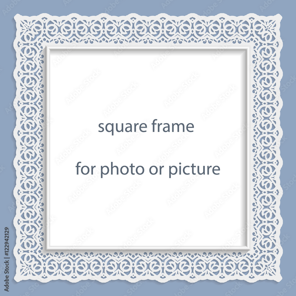 3D Vector bas-relief square frame for photo or picture, vintage vignette with openwork border,  festive pattern, gift template.