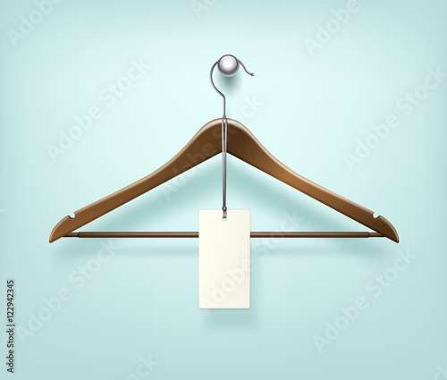Clothes Coat Brown Wooden Hanger with Sale Blank Label Close Up Isolated on Background
