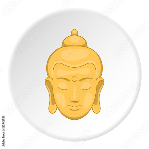 Buddha statue icon in cartoon style isolated on white circle background. Religion symbol vector illustration