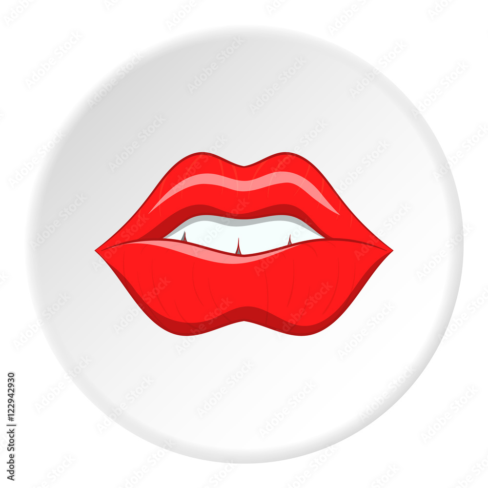 Lips icon in cartoon style isolated on white circle background. Kiss symbol vector illustration