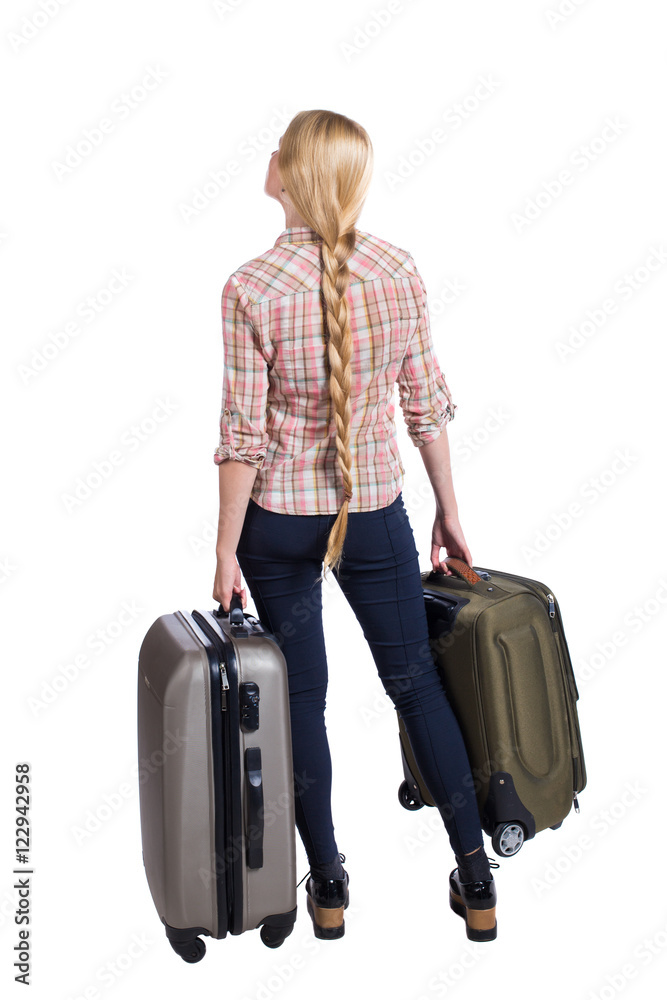 Back view of woman with suitcase looking up. Standing young girl. Rear view people collection. backside view of person. Isolated over white background. Girl with very long hair suitcases site in Back view of woman with suitcase looking up. Standing young girl. Rear view people collection. backside view of person. Isolated over white background. Girl with very long hair suitcases site in