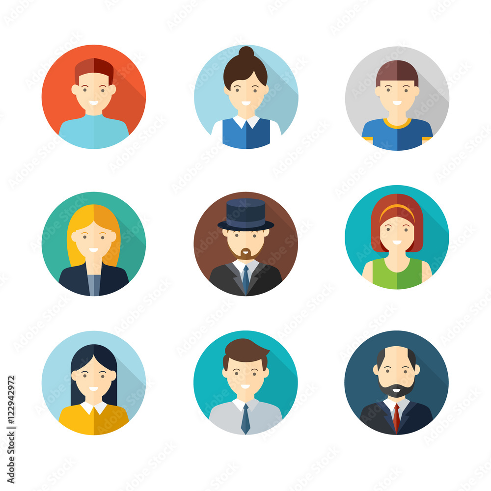 People user pics icons in flat style. Different male and female avatars. Men women faces collection set. Vector illustration. People user pics icons in flat style. Different male and female avatars. Men women faces collection set. Vector illustration.