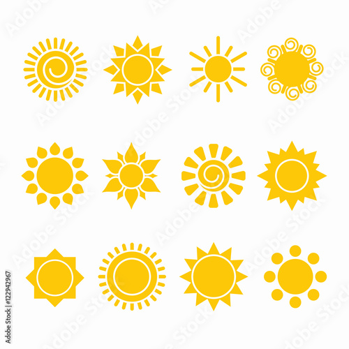 Set of sun icon illustrations, abstract yellow designs in flat art for weather or climate project