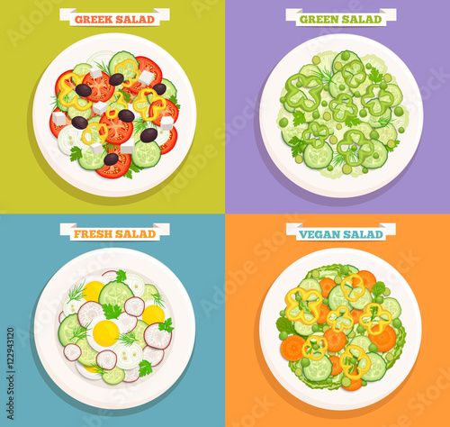Set of different salads on plates. Icons useful food top view.