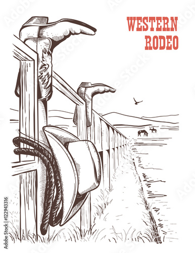 American Ranch landscape with cowboy clothes on fence.Vector han