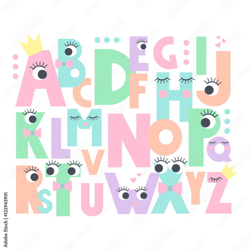 Alphabet with eyes and lashes on white background. Cute abc design for book cover, poster, card, print on baby's clothes, pillow etc. Pastel colors letters composition.