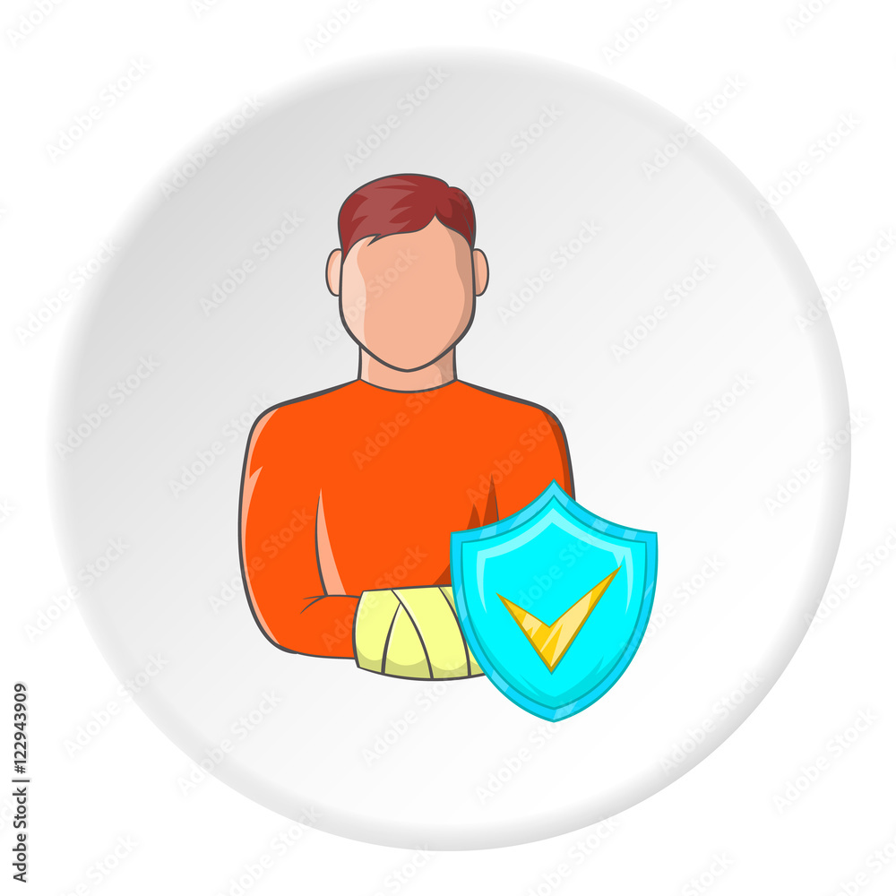 Broken arm of man and sign safety icon in cartoon style isolated on white circle background. Accident symbol vector illustration