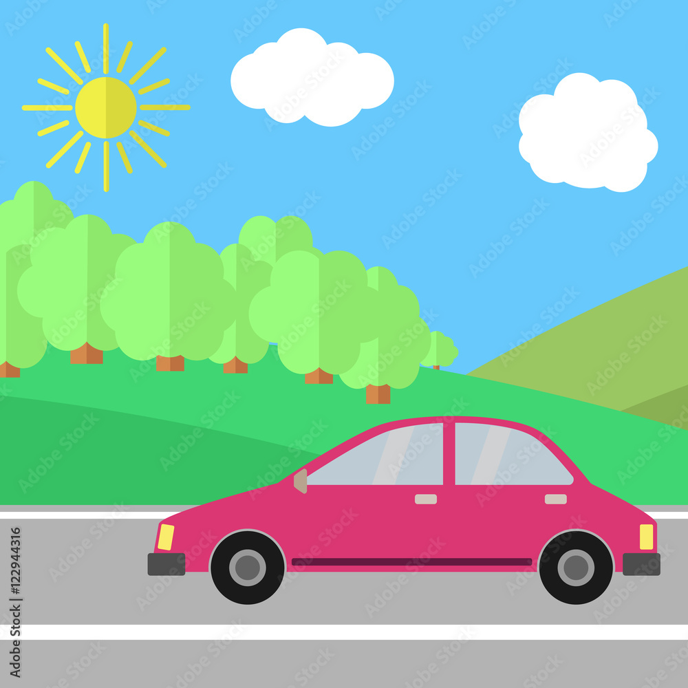Red Car on a Road on a Sunny Day. Summer Travel Illustration