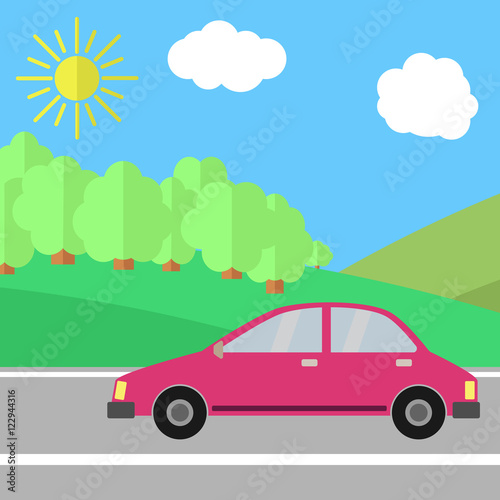 Fototapeta Naklejka Na Ścianę i Meble -  Red Car on a Road on a Sunny Day. Summer Travel Illustration