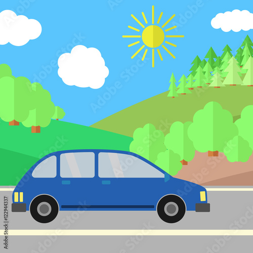 Fototapeta Naklejka Na Ścianę i Meble -  Blue Sport Utility Vehicle on a Road on a Sunny Day. Summer Travel Illustration.