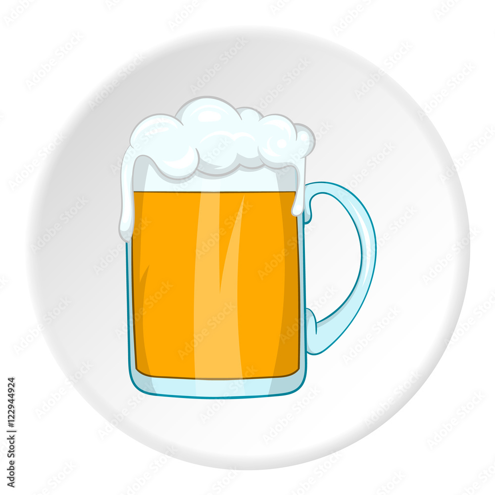 Mug with alcoholic beer icon in cartoon style isolated on white circle background. Dishes and drink symbol vector illustration Mug with alcoholic beer icon in cartoon style isolated on white circle background. Dishes and drink symbol vector illustration