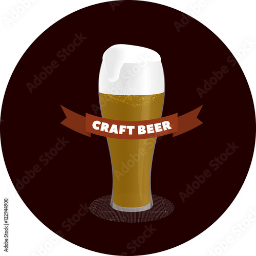 glass of light beer with foam and ribbon in the foreground in circle