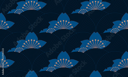 stylized lotus pond seamless pattern in night blue shades