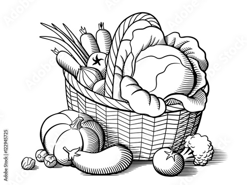 Basket with vegetables. Stylized black and white vector illustration. Cabbage, pumpkin, eggplant, tomatoes, onion, carrots, broccoli, brussels sprouts