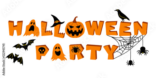 Halloween party lettering. Text and vector elements: bats, crow, pumpkin, jack o'lantern, ghosts, spider, skull, cobweb and witch's hat. Vector illustration, isolated on white background