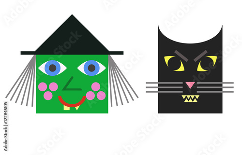 Cartoonwitch face with cat. Halloween character design. Modern simple and clear design card. Funny green face. Curves of yellow teet. Illustration for kids, card Halloween, print.