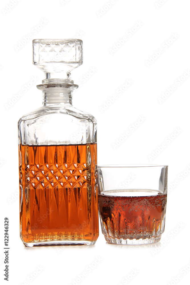 Glass jars with whiskey and ice on white background Glass jars with whiskey and ice on white background