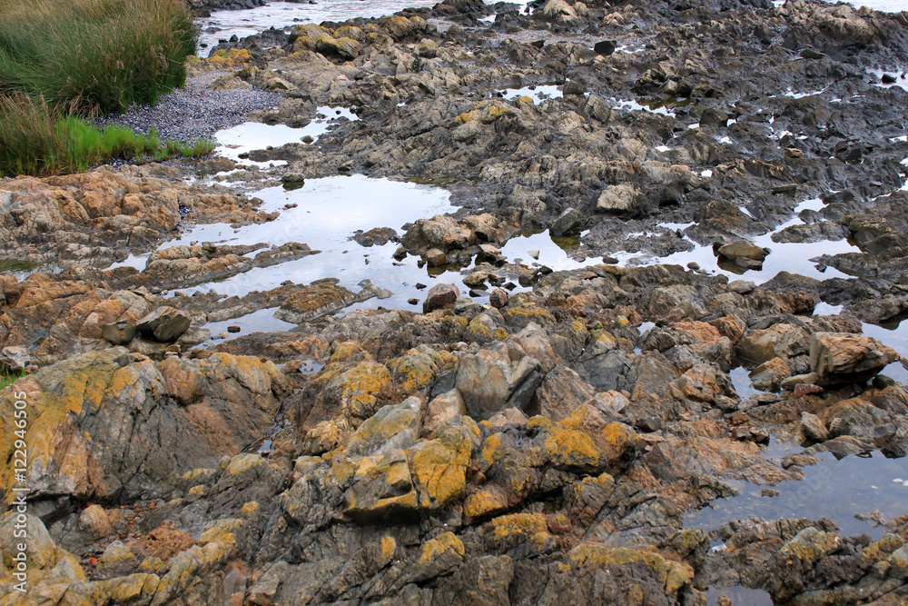 Landscape: sea stones and reflection of sky Landscape: sea stones and reflection of sky