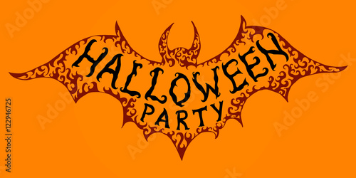 Halloween banner. Creative inscription on bat silhouette for Halloween invitation, flyer, postcard.